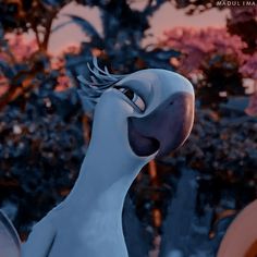 a close up of an animated bird with trees in the backgrouds behind it