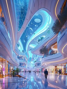 the interior of a shopping mall is lit up with blue lights and curved ceilinging