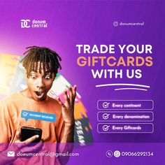 a man holding a cell phone in front of a purple background with the words, trade your gift cards with us