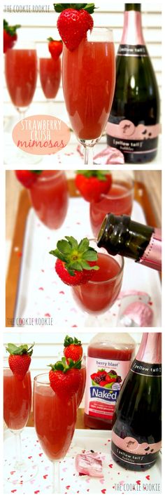 three different shots with strawberries in them, and one has a bottle of booze