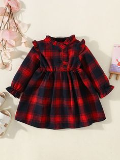 Baby Girl Fall/Winter Plaid Long Sleeve Pleated Collar Dress Red   Long Sleeve Woven Fabric Tartan A Line Non-Stretch Spring/Fall,Fall/Winter Baby Girls Clothing, size features are:Bust: ,Length: ,Sleeve Length: Toddler Girl Fall, Baby Girls Dresses, Long Sleeve Mesh Dress, Winter Plaid, Lace Decor, Flounce Sleeve, Dresses Kids Girl, Toddler Girl Dresses, Baby Winter