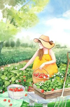 a painting of a woman picking strawberries in a garden