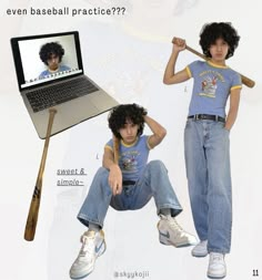 two children with baseball bats and a laptop