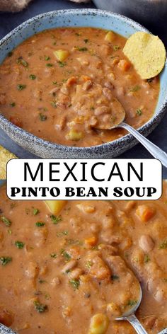 two bowls of mexican pinto beans soup with tortilla chips