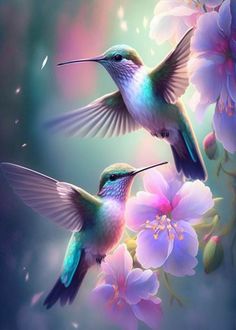 two hummingbirds are flying over flowers in the sky with blue and pink petals around them