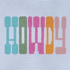 the word happy spelled in different colors on a white background with a cross stitch pattern