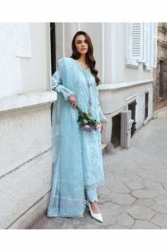 Helga (M-135) | EMBROIDERED PRET | REPUBLIC WOMENSWEAR in UK USA UAE online kapraye.com Spring Light Blue Sets With Resham Embroidery, Elegant V-neck Salwar Kameez With Dupatta, Blue V-neck Sets With Resham Embroidery, Spring Designer Blue Dress, V-neck Floral Embroidery Wedding Sets, Floral Embroidered V-neck Wedding Sets, Spring Organza Sets With Intricate Embroidery, Elegant Spring Organza Lawn Suit, Blue Chikankari Embroidery Salwar Kameez