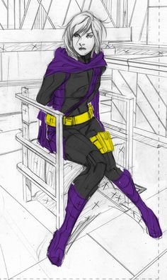 a drawing of a woman in purple and yellow sitting on top of a metal bench