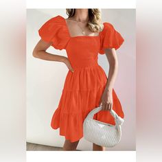 Nwt Color: Orange Product Details Fabric Type One Hundred Percent Rayon Care Instructions Machine Wash Origin Imported Closure Type Pull On About This Item S=Us 4-6,M=Us 8-10,L=Us 12-14,Xl=Us 16-18. Tips: For A Better Dress Experience, Suggest To Iron In Low Before Wearing! Features: Tunic Mini Dress Features Smocked Bodice, Elastic High Waist, Short Puff Sleeve, Solid Color, Flowy A Line Shape, Swing Mini Length, Square Neck Design, The Sleeves Can Be Pulled Down For A Sexy Off Shoulder Look. S Solid Mini Dress With Puff Sleeves For Vacation, Solid Color Puff Sleeve Dress For Summer Brunch, Red Puff Sleeve Dress For Summer Brunch, Red Casual Puff Sleeve Dress For Summer, Orange Dress Summer, Recruitment Outfits, High Waist Short, Short Puff Sleeve, Sorority Recruitment