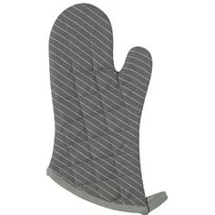 the oven mitt is grey and white stripes