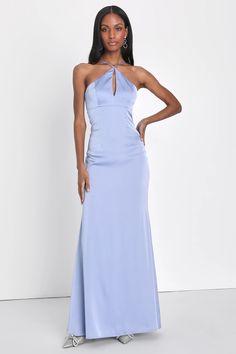 Celebrate a special day in an even more special way with the luxe look of the Lulus Lustrous Love Dusty Blue Satin Halter Cutout Mermaid Maxi Dress! Sleek woven satin shapes this simply breathtaking dress that features a princess-seamed bodice with a sexy keyhole cutout at the center and slender adjustable straps that create a modified halter neckline. The high, fitted waist tops a figure-flaunting, mermaid-style skirt that falls to a sweeping maxi hem. Turn around to reveal a flirty open-back d Maxi Dress Satin, Mermaid Maxi Dress, Dusty Blue Bridesmaid Dresses, Cutout Maxi Dress, Bridesmaid Dress Colors, Satin Color, Satin Maxi, Dress Satin, Satin Maxi Dress