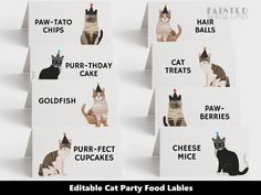 four different types of cat party food labels with cats wearing birthday hats on top of them