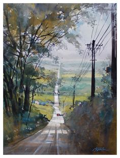 a watercolor painting of a country road with power lines and telephone poles in the distance