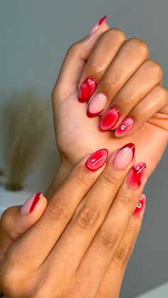 #nailsofinstagram #naildesign Nail Art On Almond Shape Nails, Red Graphic Nails, Super Simple Nail Ideas, Pink And Red Almond Nails, Red Fun Nails, Pink And Red Holiday Nails, Hot Pink And Red Nails, Acrylic Nail Ideas Almond, Red Nail Designs Almond