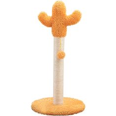 a cat scratching post with a toy cactus on top