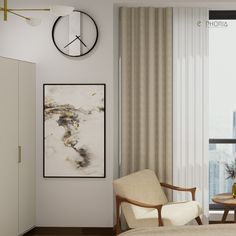 a living room filled with furniture and a clock on the wall