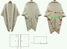 two sweaters are shown with arrows pointing to the top and bottom, along with measurements for each one