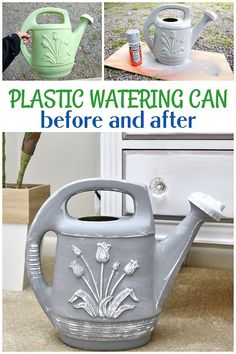 an old watering can is transformed into a planter