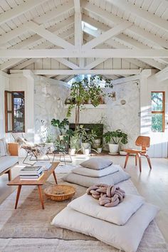 a living room filled with lots of furniture and plants on top of it's walls