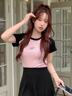 Pink Casual Collar Short Sleeve Knitted Fabric Colorblock,Letter  Embellished Slight Stretch  Women Clothing Raglan Top, Rose Bonbon, Women T Shirts, Raglan Sleeve, Women Clothing, Color Blocking, Knitted Fabric, T Shirts, Collar