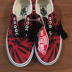 Brand New Van’s Red And Black Tie Dye Sneakers, Women’s Size 8 Red And Black Tie Dye, Black Lace-up Skate Shoes With Red Sole, Tie Dye Sneakers, Red And Black Vans, Red High-top Vans Skate Shoes, Retro Red Vans Sneakers, Black And White Tie Dye, Dye Shoes, Red Vans High-top Skate Shoes