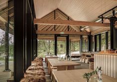 the inside of a restaurant with tables and benches