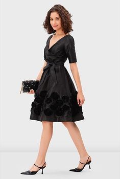 I <3 this Floral rosette trim dupioni surplice dress from eShakti Rosette Trim, Surplice Dress, Style Change, Dresses Women, Custom Dresses, Tops For Women, Fit And Flare Dress, Skirt Top