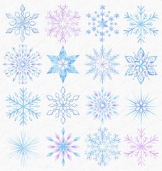 snowflakes in different colors and sizes on a white background