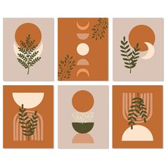 four squares with different shapes and plants on them, all in oranges and browns