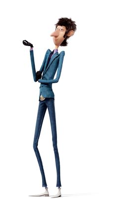 a cartoon character holding a cell phone in his right hand and pointing to the left