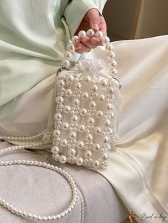 BirdinBag - Stylish Faux Pearl Mini Satchel Bag Handmade Pearl Bag, White Large Capacity Bags For Parties, White Party Bags With Large Capacity, White Rectangular Phone Bag For Party, White Satchel Box Bag For Party, Mini Satchel Bag, Pearl Purse, Beads Bag, Hand Beaded Bag