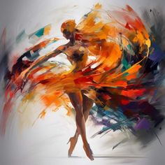 an abstract painting of a woman dancing with colorful paint streaks on her body and arms