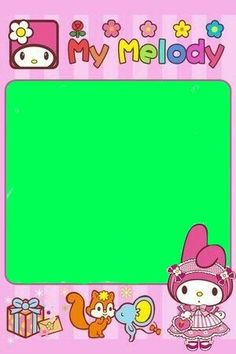 an image of hello kitty in front of a green board with the words my melody on it