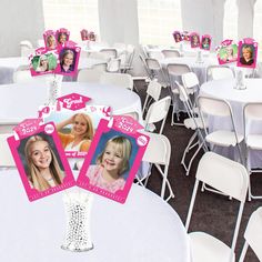 there are two pictures on top of each other in the center of this table with white tables and chairs