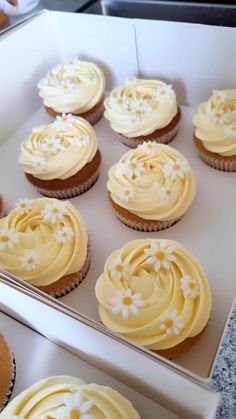 cupcakes with yellow frosting and white flowers in a box