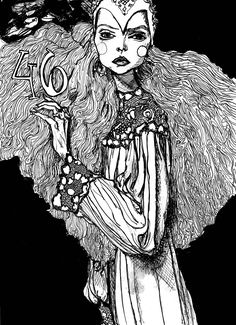 a black and white drawing of a woman with an astro sign in her hand,