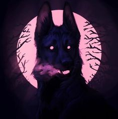 a black wolf with glowing eyes standing in front of a full moon