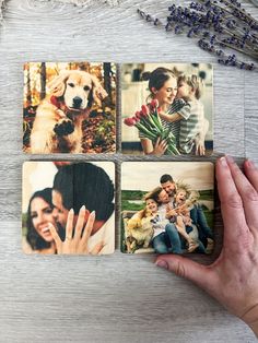 hand holding four different photos on wooden coasters with lavender sprigs in the background