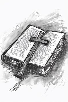 an open book with a cross on it and the pages are drawn in black ink