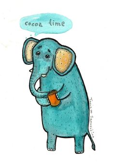 an elephant with a thought bubble above it's head, holding a cup in its trunk