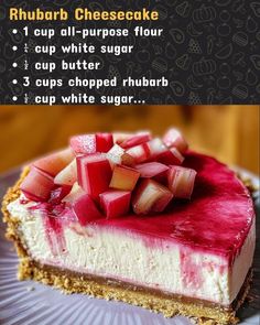 a piece of cheesecake with rhubarb toppings on the top and bottom