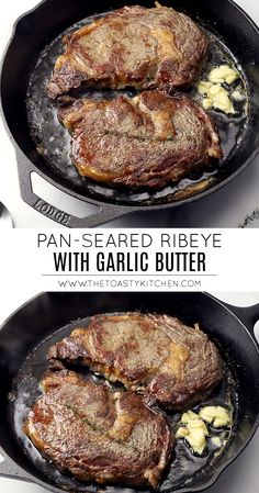 pan - seared ribeye steak with garlic butter in a cast iron skillet