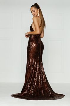 A&N Kendall - Chocolate Brown Sequin Dress with Criss Cross Back Glamorous Formal Dress With Lace-up Back, Formal Fitted Backless Dress With Sequins, Formal Sequin Mermaid Hem Dress For Prom, V-neck Mermaid Dress With Sequins For Gala, Fitted Sequin Dress With Sweep Train For Gala, Glamorous Lace-up Back Evening Dress For Prom, Sequined Mermaid Hem Gown For Formal Occasions, Backless Sequin Gown For Formal Occasions, Elegant Sequin Dress With Back Opening For Prom