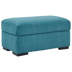 a blue ottoman with black legs on a white background