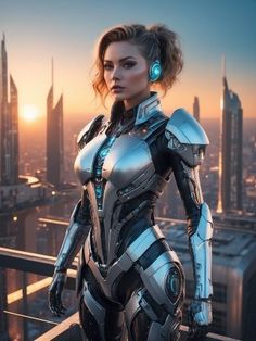 a woman in futuristic suit standing on top of a building with city lights behind her