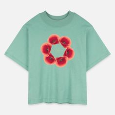 6 Flowers Women's Boxy Tee Spring Oversized Cropped T-shirt For Streetwear, Oversized Cropped T-shirt For Spring Streetwear, Spring Boxy T-shirt For Streetwear, Boxy T-shirt For Spring Streetwear, Trendy Oversized Cropped T-shirt For Spring, Green Cropped T-shirt With Graphic Print, Relaxed Fit, Green Boxy Fit Top For Spring, Green Relaxed Fit Cropped T-shirt For Spring, Boxy Tee