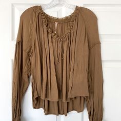 Brand New Free People Blouse, Color Ginger Snap. Size Xs Flowy Brown Blouse For Spring, Brown Flowy Tops For Spring, Brown Flowy V-neck Top, Rayon Top For Vacation In Fall, Flowy Brown Top For Spring, Brown Long Sleeve Top For Vacation, Brown Flowy Long Sleeve Tops, Flowy Brown Long Sleeve Tops, Brown Spring Peasant Top