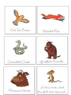 four different animals with words on them