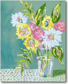 a painting of flowers in a glass vase on a table with a blue wall behind it