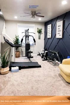 a home gym with exercise equipment and plants